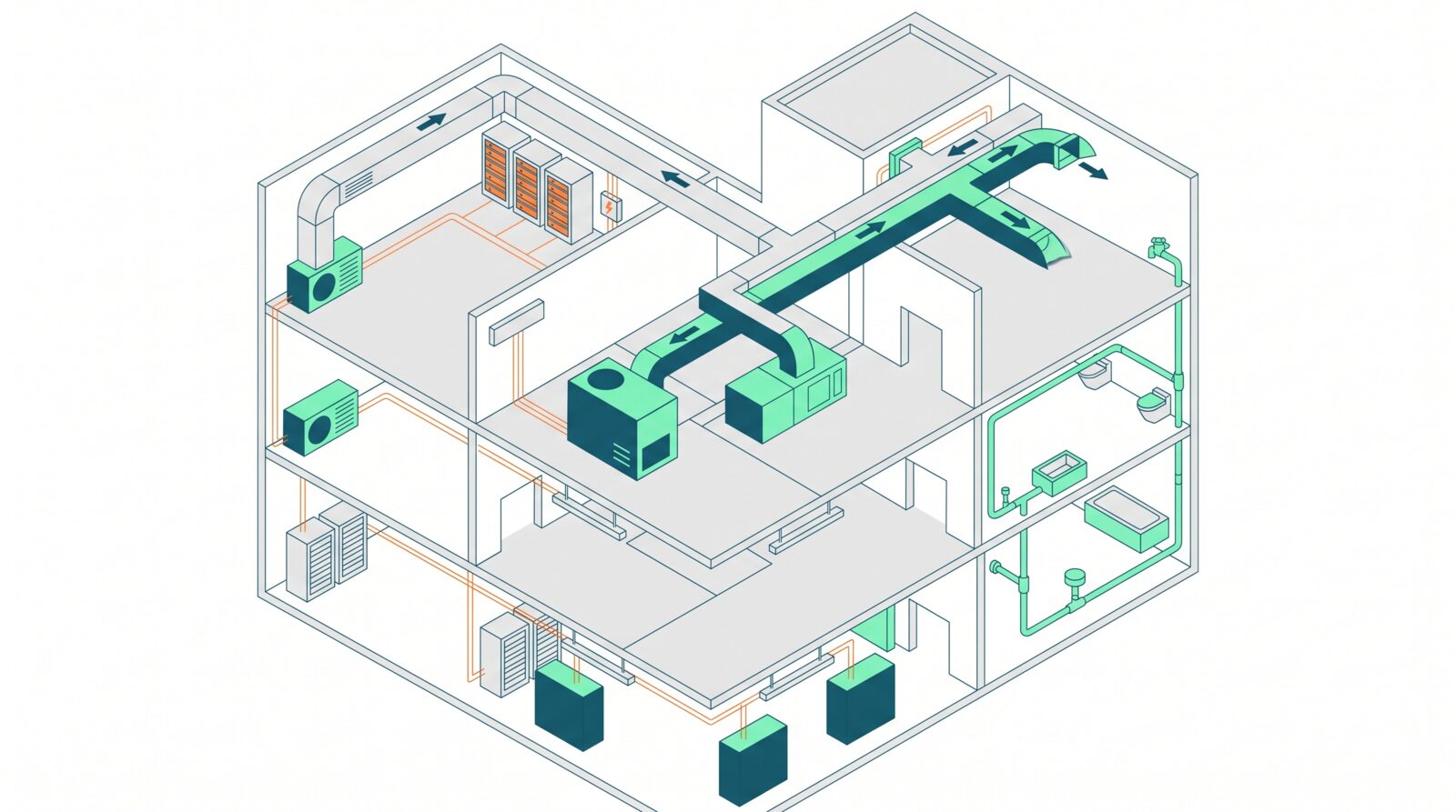 Isometric cutaway diagram of a multi-storey building showing HVAC ductwork, air handling units, electrical distribution and plumbing systems across three floors