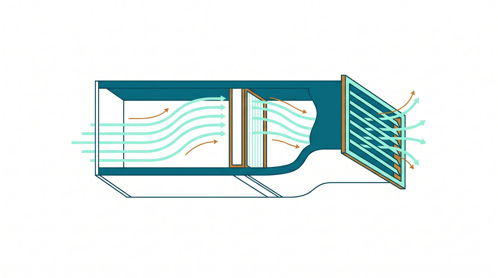 Cross-section diagram of an air conditioning duct showing airflow passing through a filter and exiting via a diffuser grille