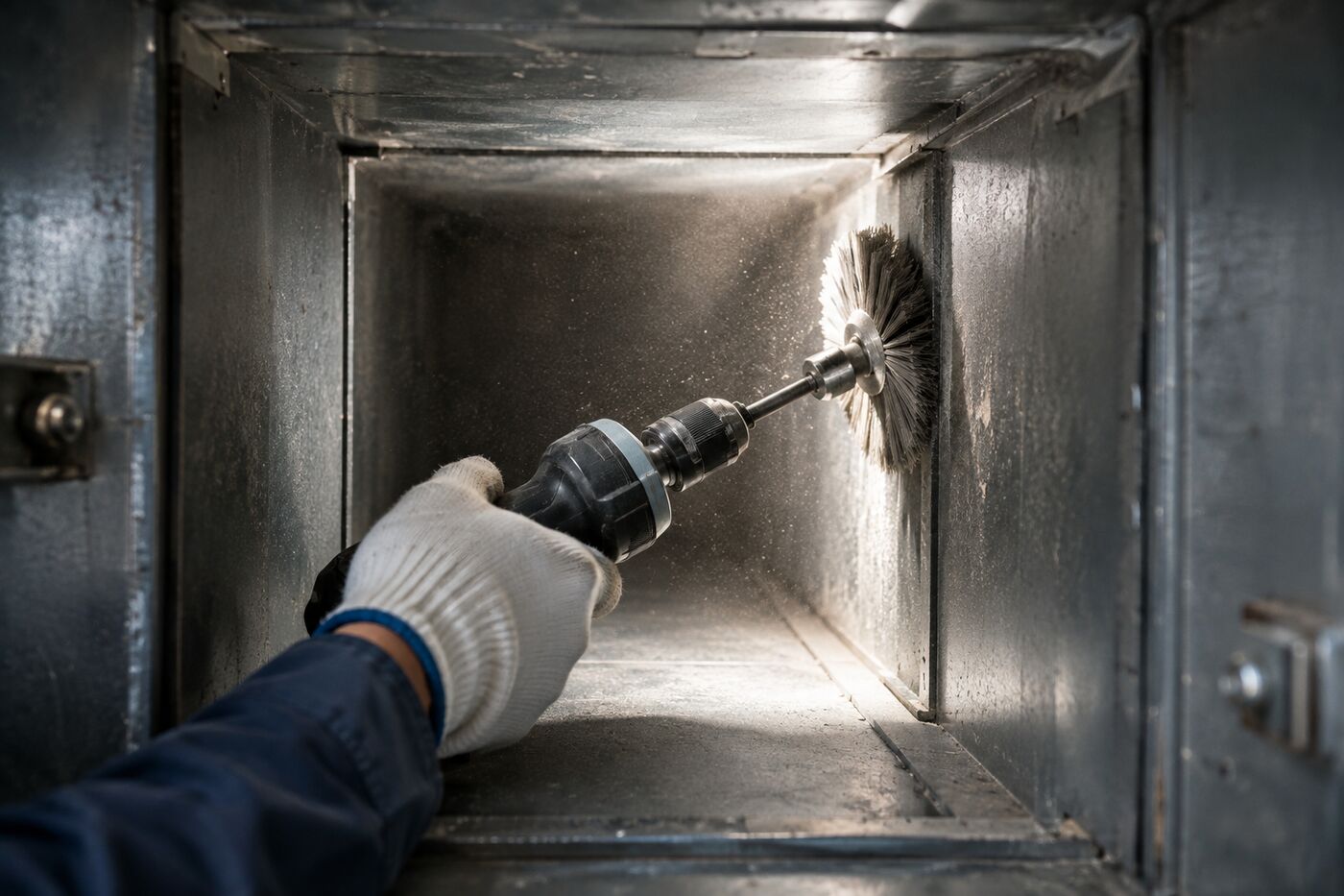 Technician cleaning the interior of an air conditioning duct with a rotary brush