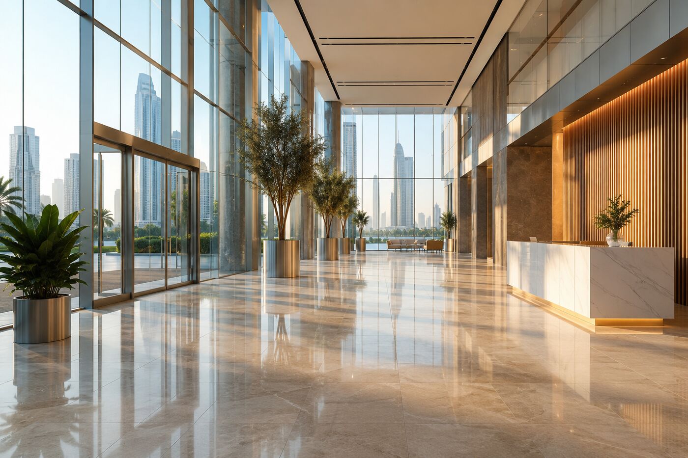 A bright modern office building lobby in Dubai with polished stone floors, floor-to-ceiling glass and landscaped planting
