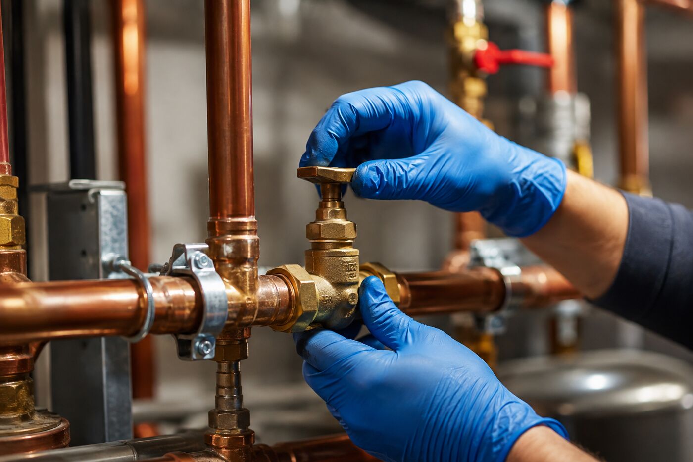 Gloved hands adjusting a brass isolation valve on copper pipework inside a building plant room
