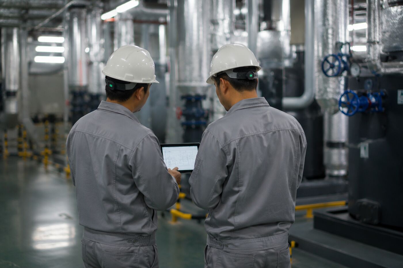 Two technicians in grey uniforms and hard hats reviewing system schematics on a tablet inside a building plant room