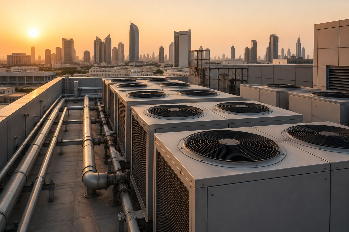 Rooftop air conditioning chiller units on a commercial building with the Dubai skyline at sunset in the background