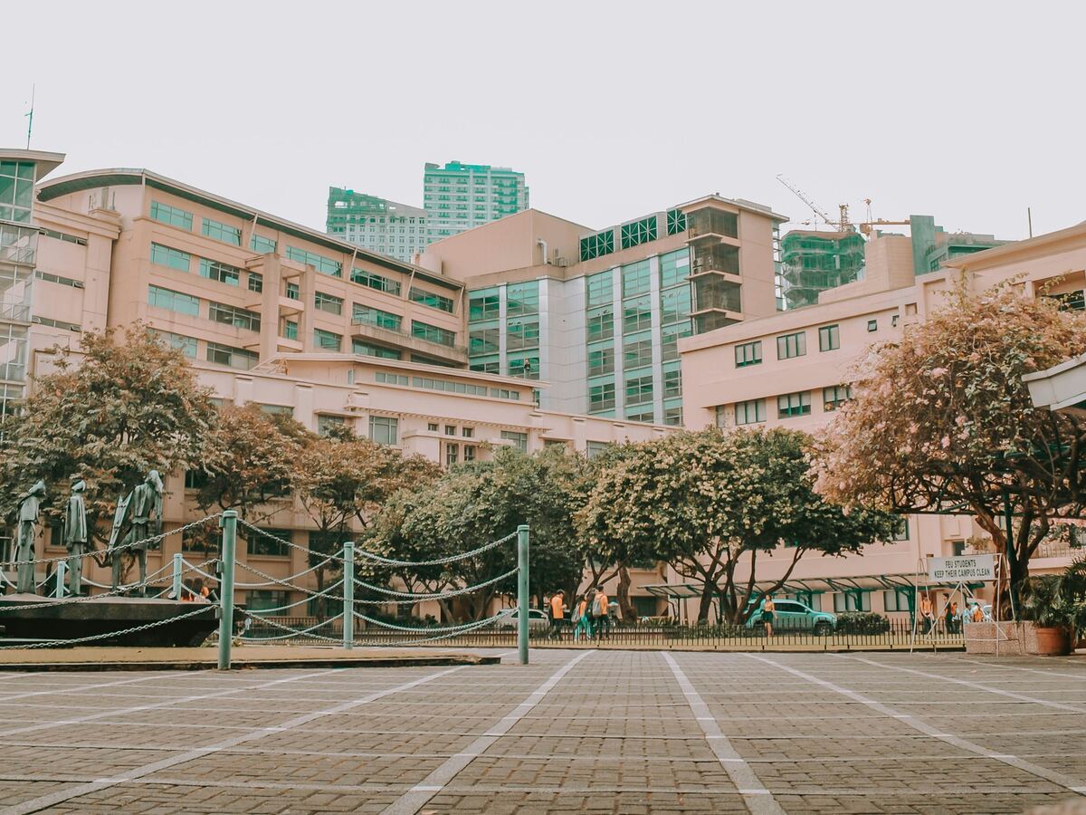 University campus buildings with landscaped grounds