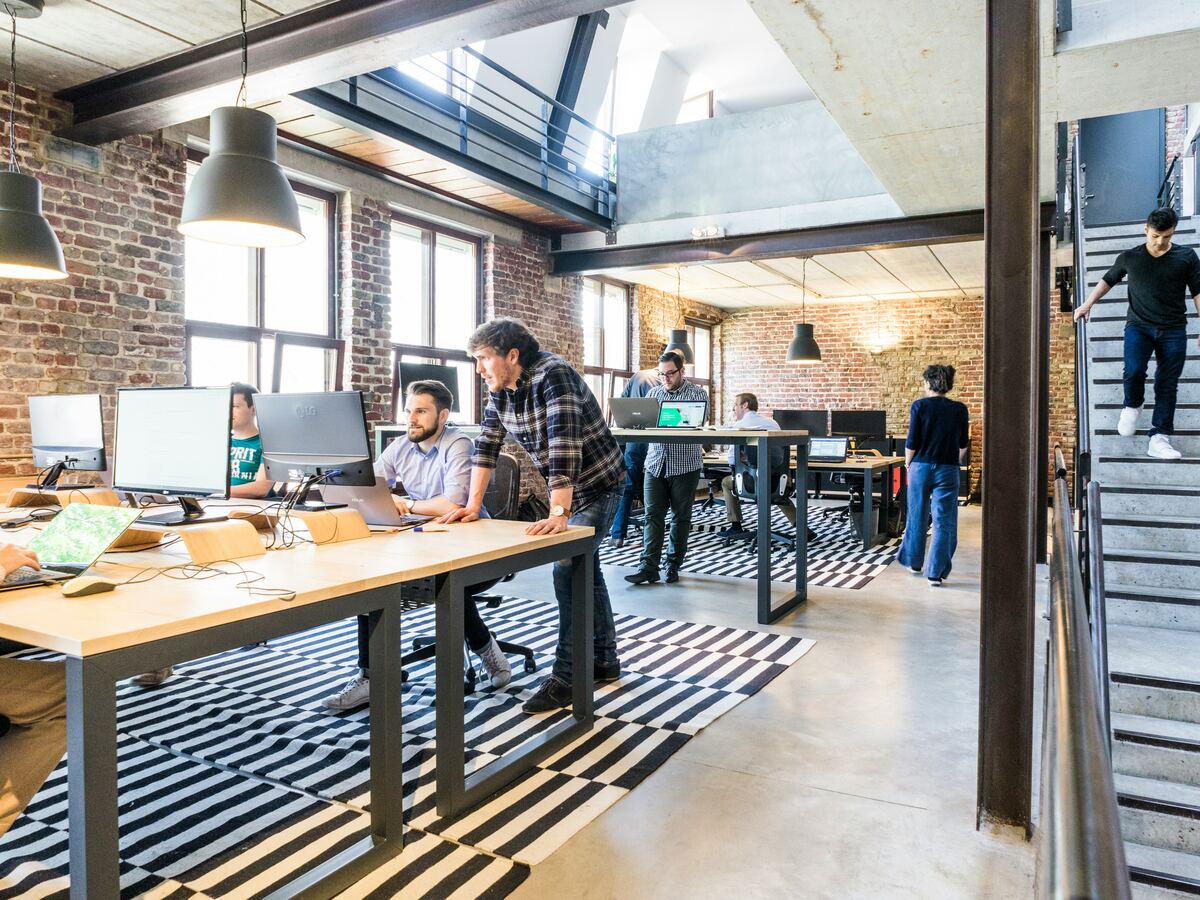 Open plan workplace with staff working at shared desks